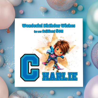 Birthday card with a child on a star, surrounded by balloons and text 'Wonderful Birthday Wishes for our Brilliant Son CHARLIE'. Personalised with name and relation birthday wishes  