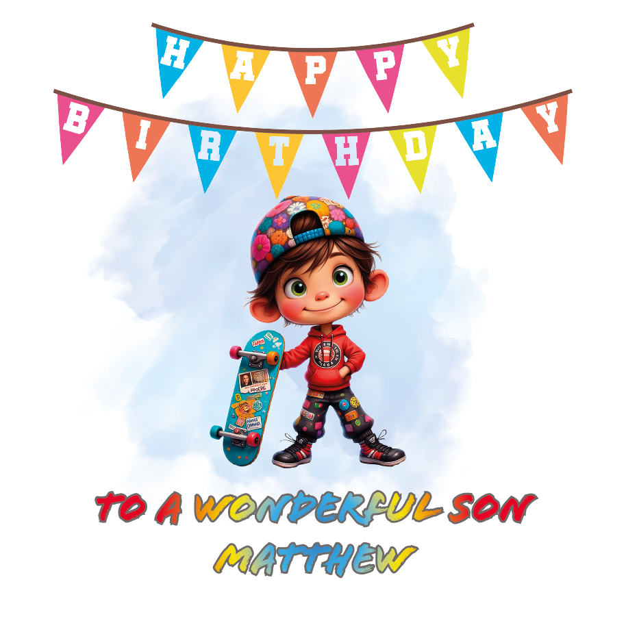 Birthday card with a child holding a skateboard, colorful flags, and Personalised with name and relation birthday wishes   