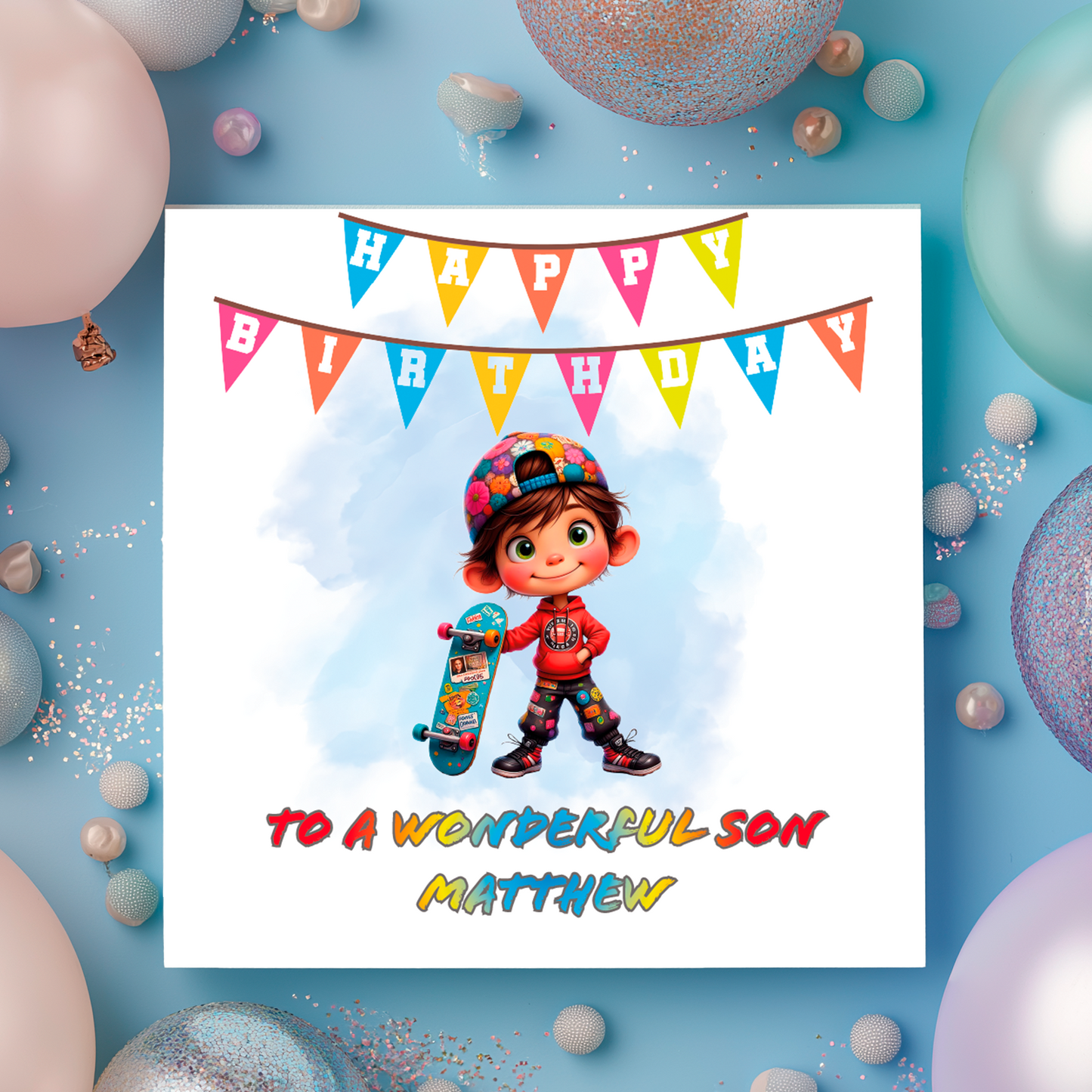Birthday card with a child holding a skateboard, surrounded by balloons on a blue background. Personalised with name and relation birthday wishes  