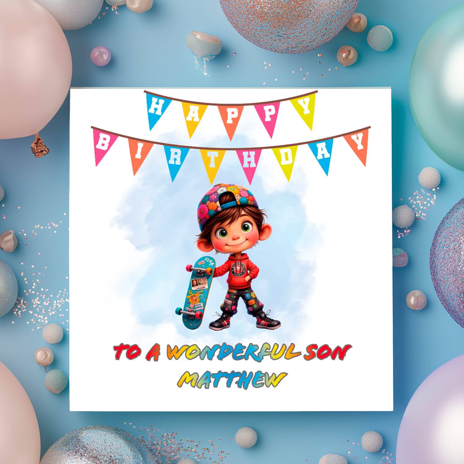 Birthday card with a child holding a skateboard, surrounded by balloons on a blue background. Personalised with name and relation birthday wishes  