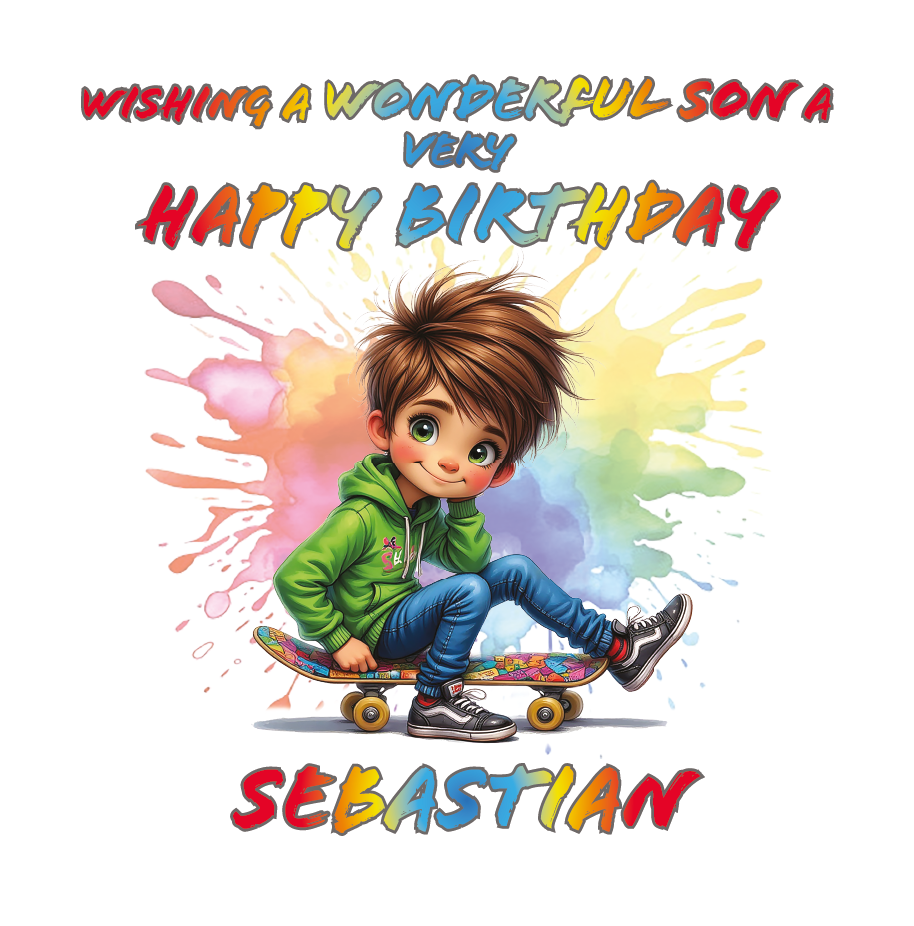 Cartoon boy on a skateboard with colorful text and splashes, Personalised with name and relation birthday wishes  