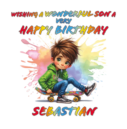 Cartoon boy on a skateboard with colorful text and splashes, Personalised with name and relation birthday wishes  
