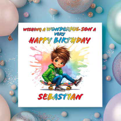 Birthday card with a child on a skateboard, colorful text, and balloons around. Personalised with name and relation birthday wishes  