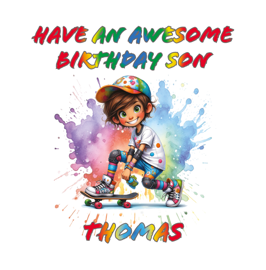Colorful birthday card with a child on a skateboard and text 'Have an awesome birthday son Thomas' on a white background. Personalised with name and relation birthday wishes  