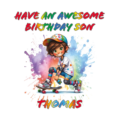 Colorful birthday card with a child on a skateboard and text 'Have an awesome birthday son Thomas' on a white background. Personalised with name and relation birthday wishes  