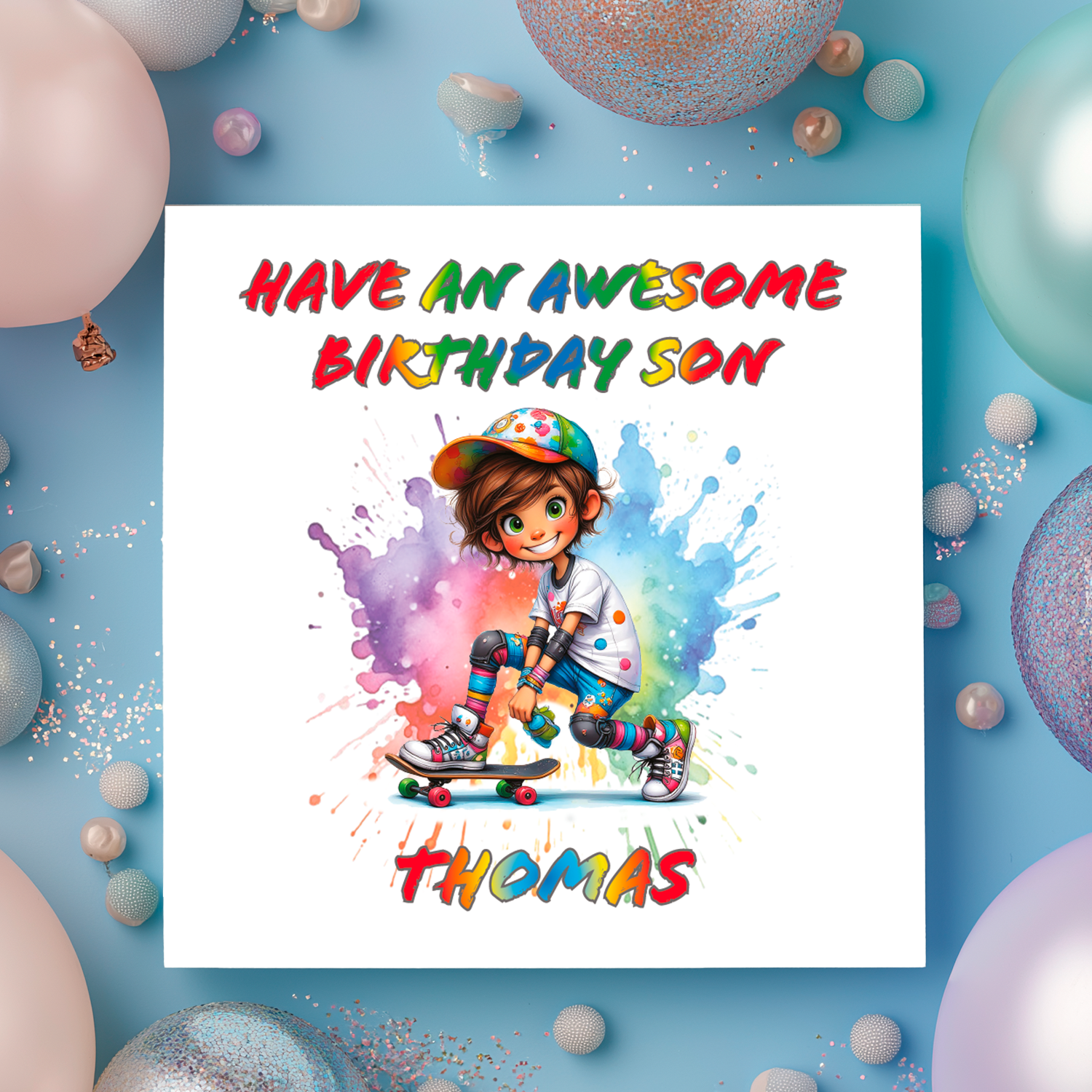 Birthday card with a child on a skateboard, colorful text, and balloons on a blue background. Personalised with name and relation birthday wishes  