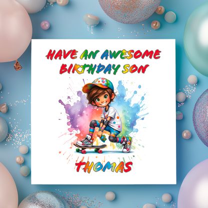 Birthday card with a child on a skateboard, colorful text, and balloons on a blue background. Personalised with name and relation birthday wishes  