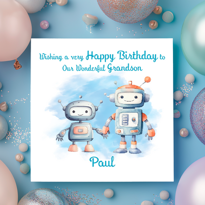 Birthday card with robots and balloons on a blue background  with personalised name and relation birthday 