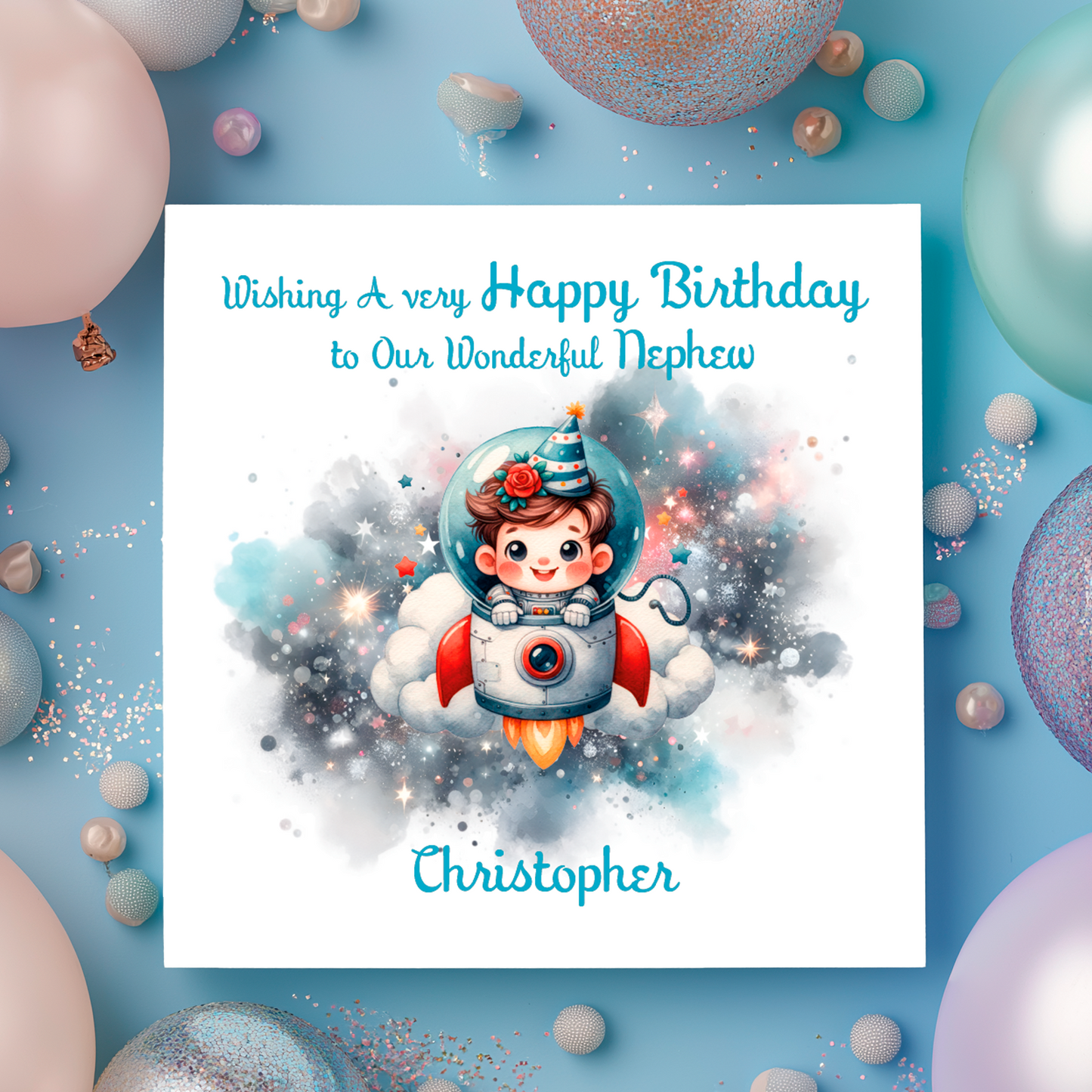 Birthday card with a space-themed illustration of a child in a rocket suit, surrounded by colorful balloons on a blue background. Personalised with name and relation