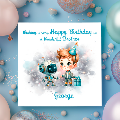 Birthday card with a boy and robot illustration, surrounded by balloons on a blue background. Personalised for name and relation.