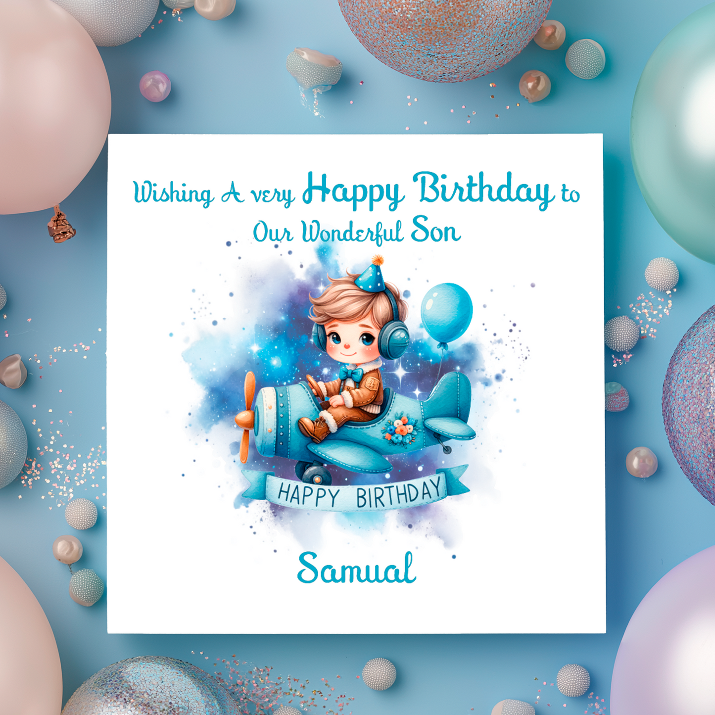 Birthday card with a child in an airplane, surrounded by balloons on a blue background. Personalised for name and relation.