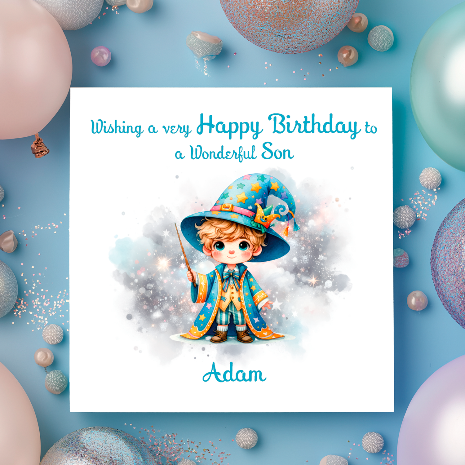 Birthday card with a wizard character and colorful balloons on a bluebackground. Personalised for name and relation.