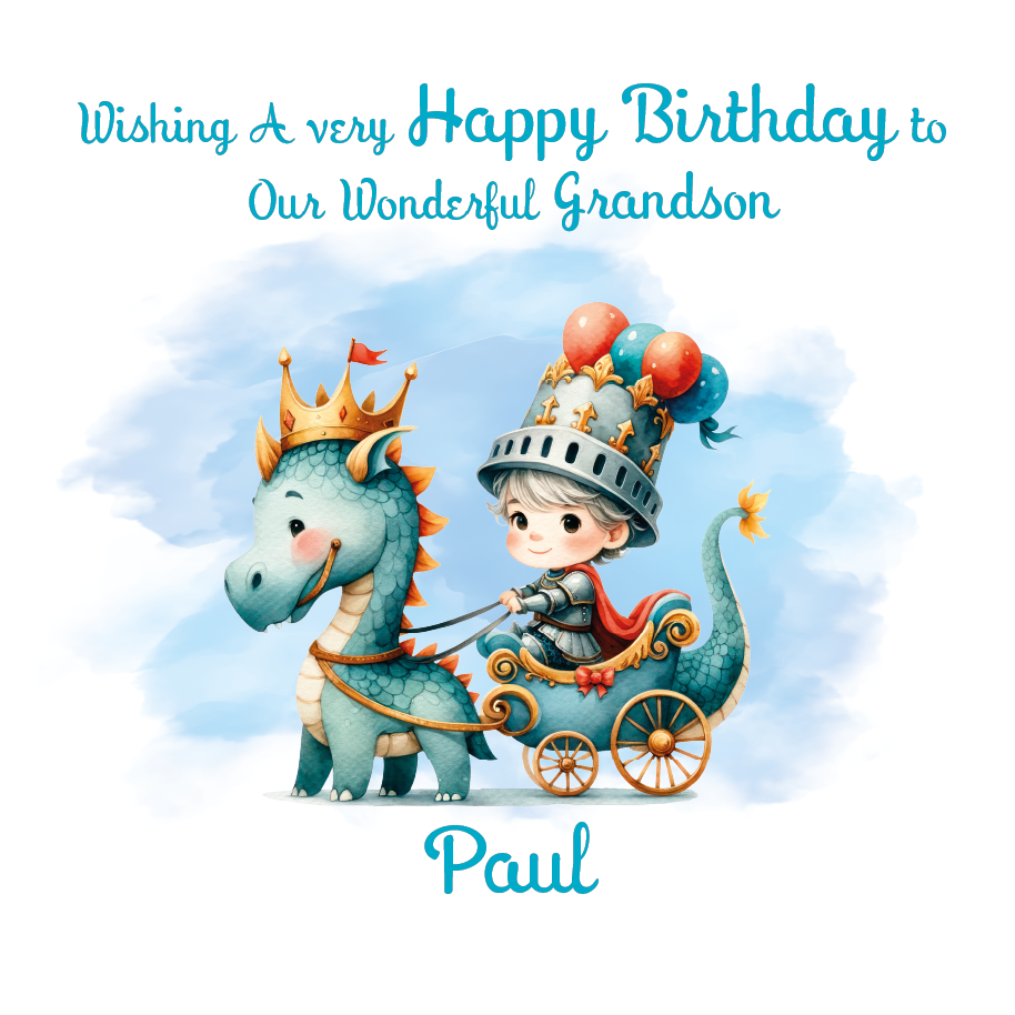 Birthday card with a cartoon boy and dragon, wishing a happy birthday to a grandson named Paul. Personalised for name and relation.