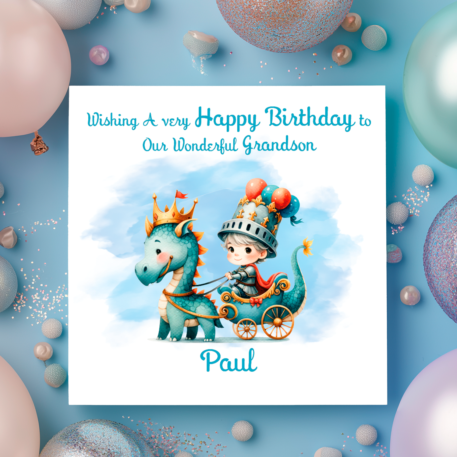 Birthday card with a cartoon prince and dragon on a blue background with balloons. Personalised for name and relation.
