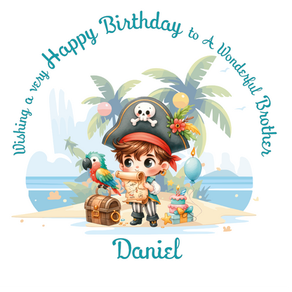 Cartoon Illustration of a pirate on a desert island with a parrot and a birthday cake and balloon with personalised name and relation birthday wishes.