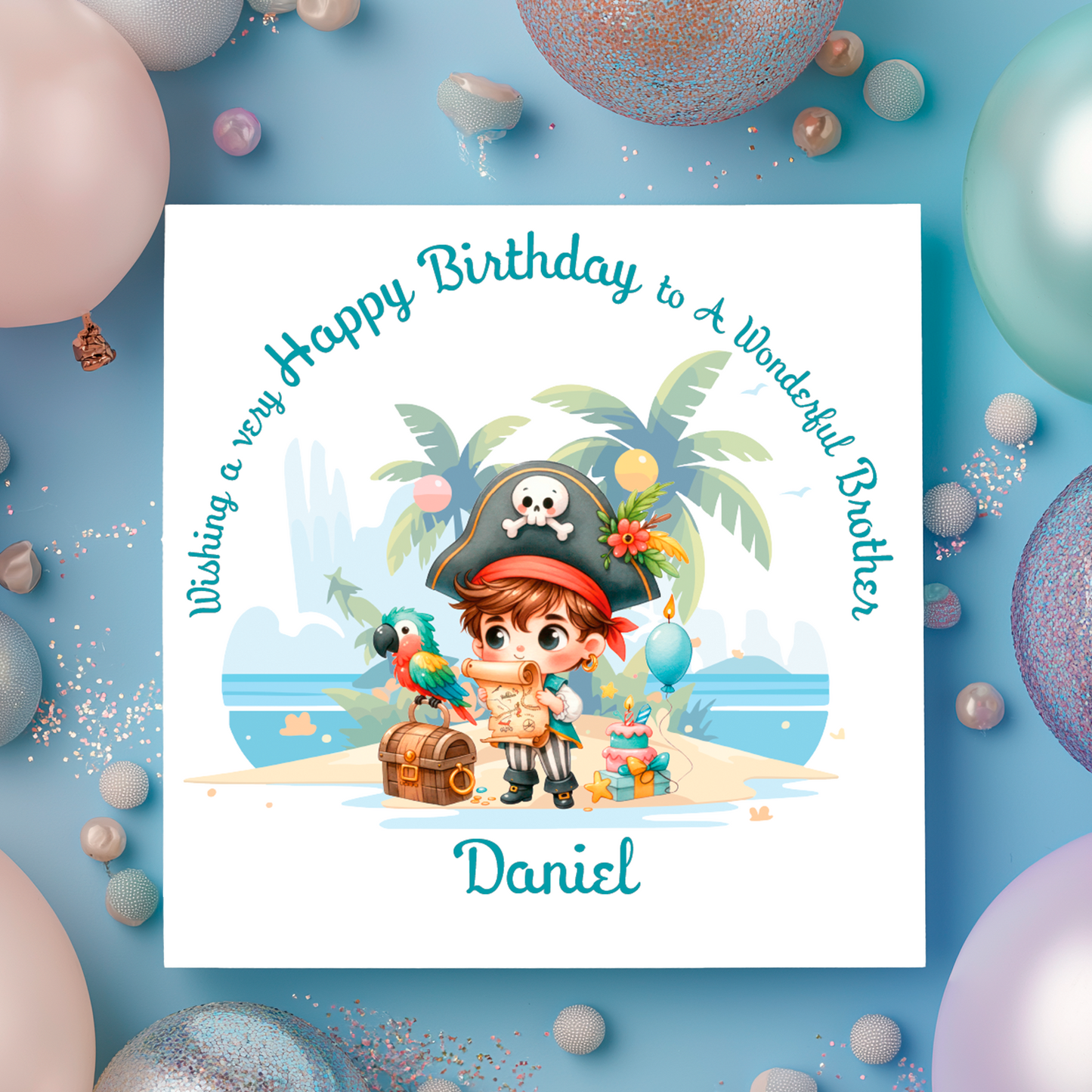 Cartoon Illustration of a pirate on a desert island with a parrot and a birthday cake and balloon with personalised name and relation birthday 