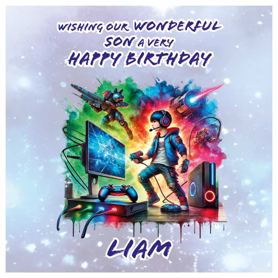 Birthday card with a child playing video games, colorful graphics, and text wishing a happy birthday to 'Liam'.Personalised for name age and relation.