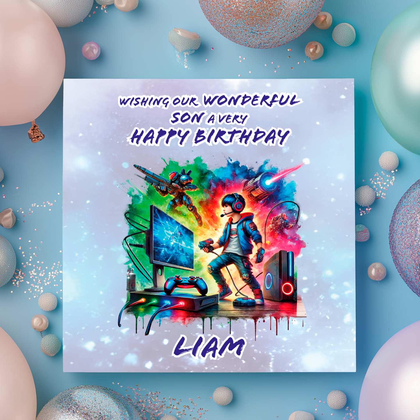 Birthday card for a son with colorful design and text, surrounded by balloons. Personalised for name age and relation.