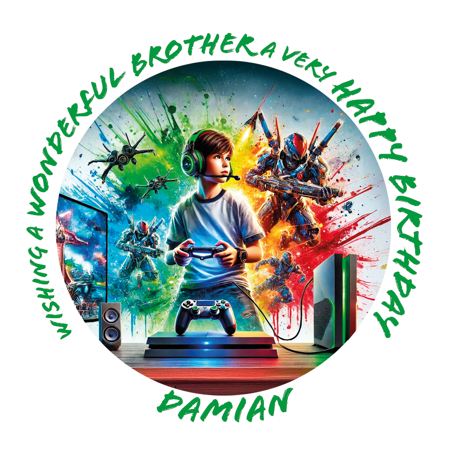Circular birthday card with a boy playing video games, colorful splashes, and text wishing a wonderful brother a very happy birthday. Personalised for name age and relation.