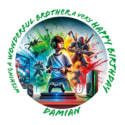 Circular birthday card with a boy playing video games, colorful splashes, and text wishing a wonderful brother a very happy birthday. Personalised for name age and relation.