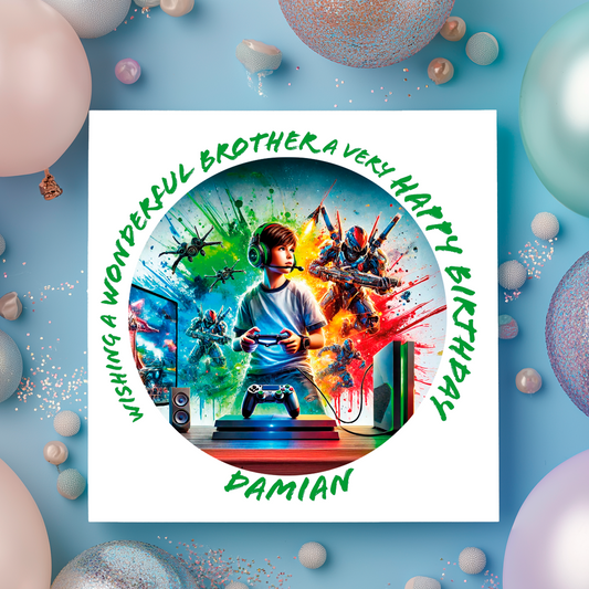 Birthday card with colorful design and text, surrounded by balloons on a blue background. Personalised for name age and relation.