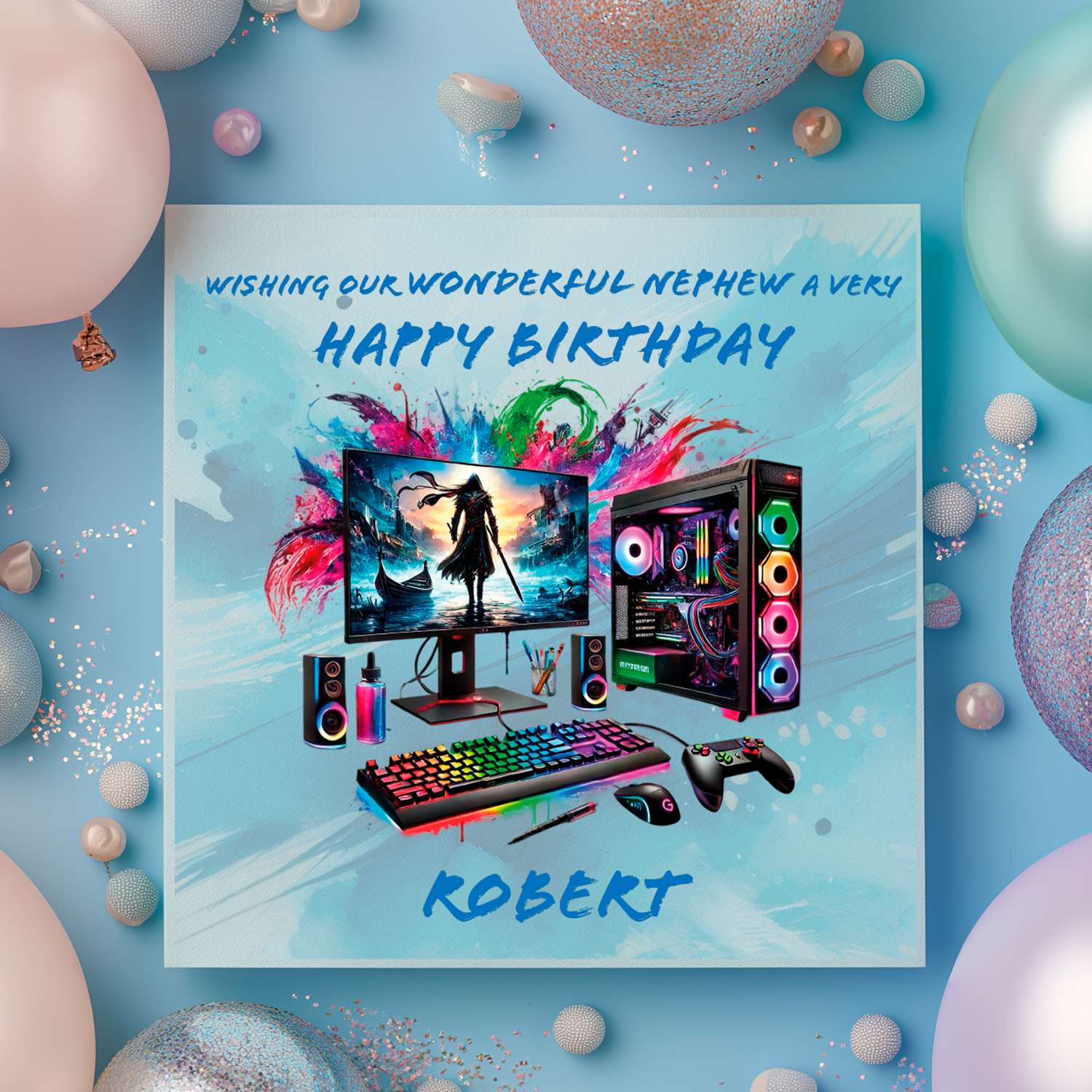 Gaming-themed birthday card with colorful text and graphics on a blue background with balloons. Personalised for name age and relation.