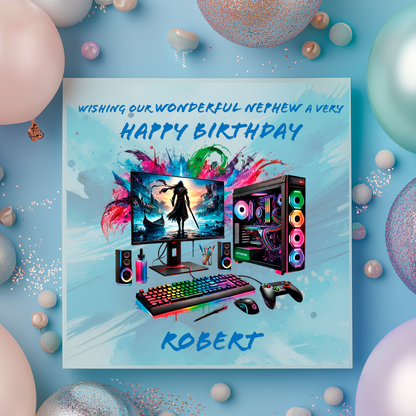 Gaming-themed birthday card with colorful text and graphics on a blue background with balloons. Personalised for name age and relation.