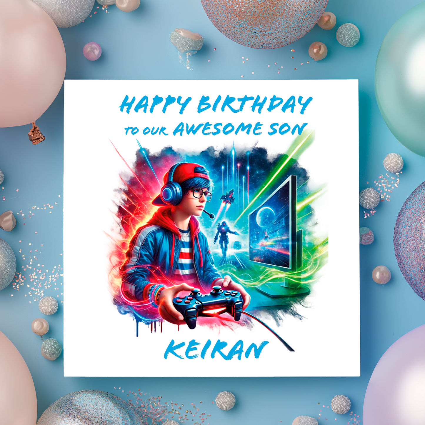 Birthday card with a gaming-themed design featuring a child playing video games, surrounded by colorful balloons on a blue background. Personalised for name age and relation.