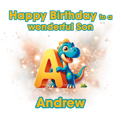 Birthday card with a dinosaur and letter 'A' for Andrew on a light background. Can be personalised for name, age and relation