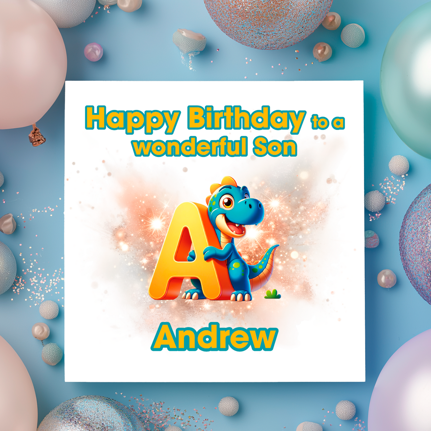 Birthday card with a dinosaur and letter A  on a  blue background with colorful balloons. Personalised with name, age and relation