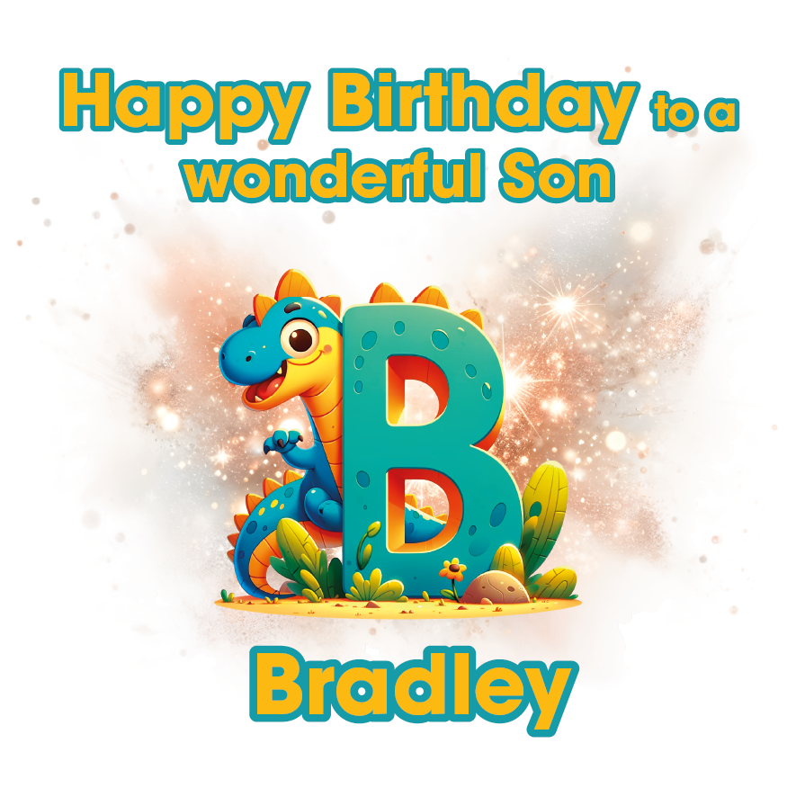 Birthday card with a dinosaur and letter 'B' for Bradley on a light background. Can be personalised for name, age and relation