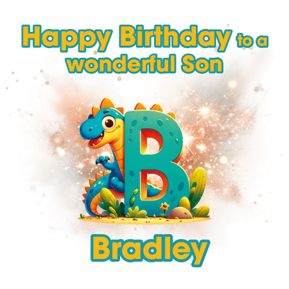 Birthday card with a dinosaur and letter 'B' for Bradley on a light background. Can be personalised for name, age and relation