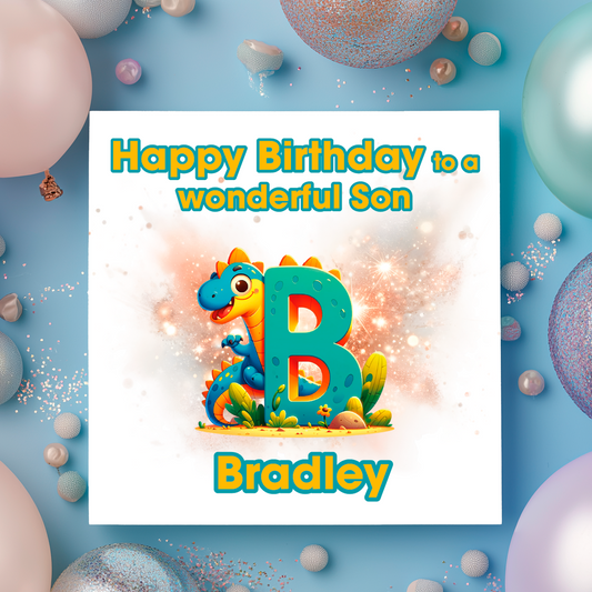 Birthday card with a dinosaur and letter B   on a  blue background with colorful balloons. Personalised with name, age and relation
