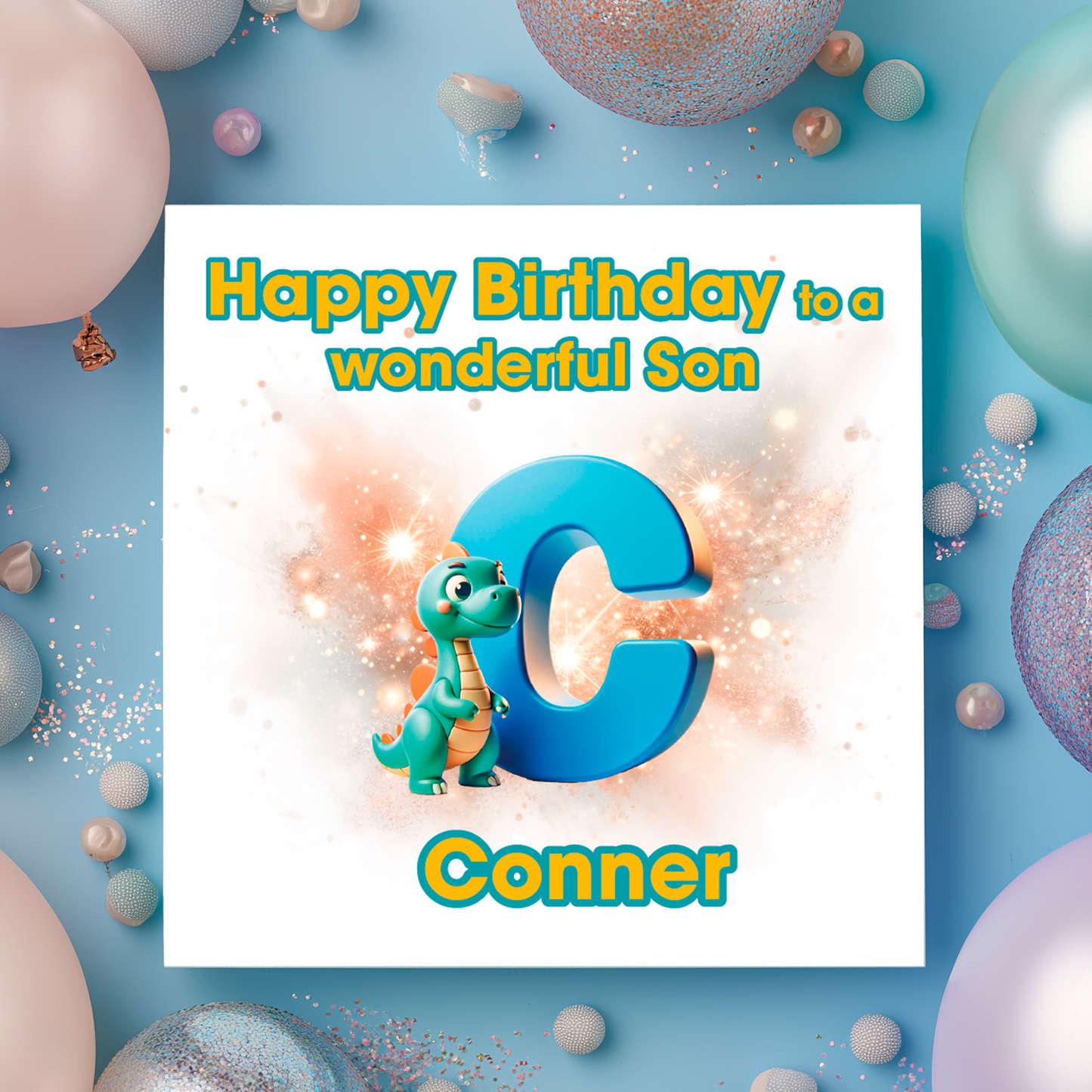 Birthday card with a dinosaur and letter C   on a  blue background with colorful balloons. Personalised with name, age and relation