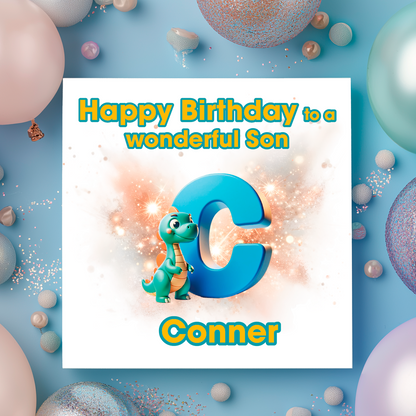 Birthday card with a dinosaur and letter C   on a  blue background with colorful balloons. Personalised with name, age and relation