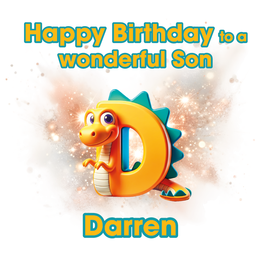Birthday card with a dinosaur-shaped letter 'D' for Darren' on a light background. Can be personalised for name, age and relation
