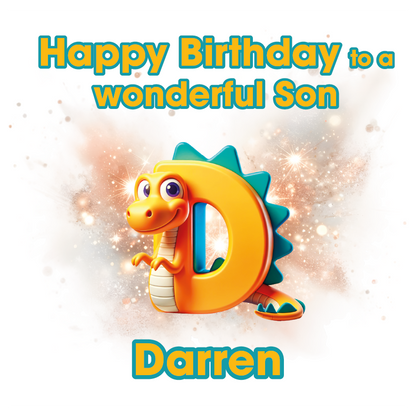 Birthday card with a dinosaur-shaped letter 'D' for Darren' on a light background. Can be personalised for name, age and relation