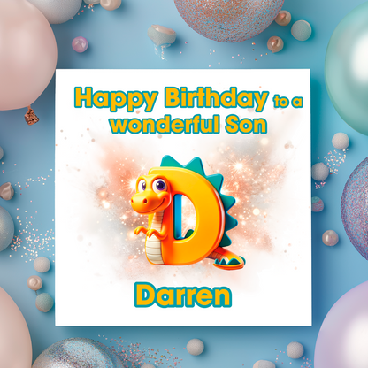 Birthday card with a dinosaur and letter D  on a  blue background with colorful balloons. Personalised with name, age and relation