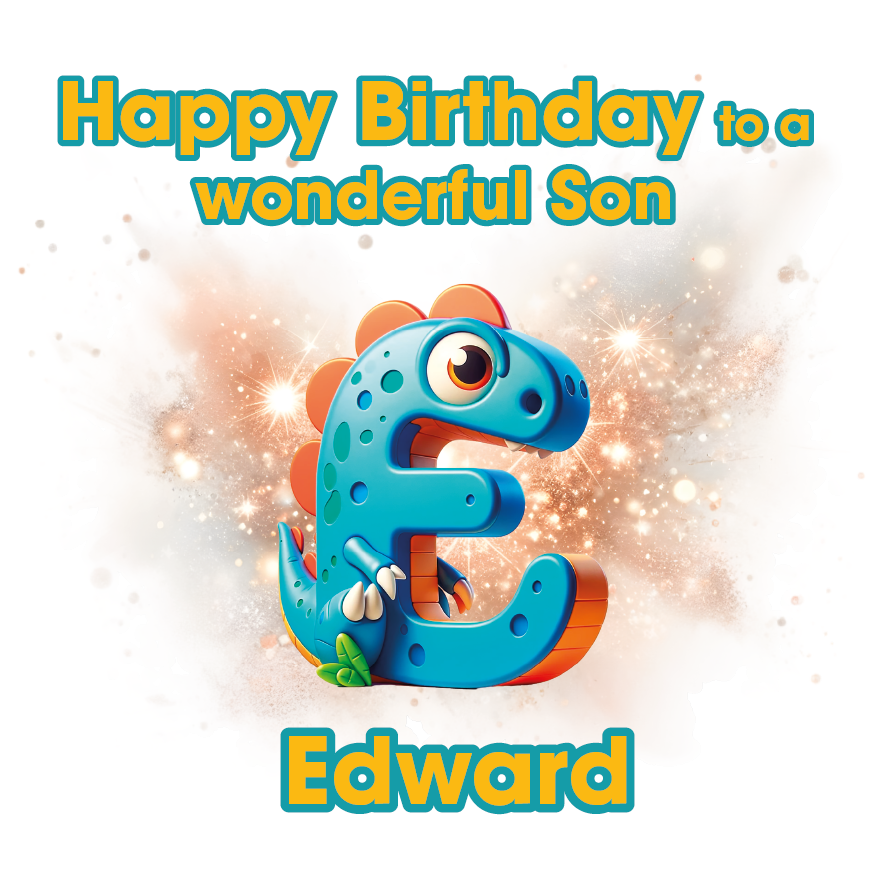 Birthday card with a dinosaur and letter 'E' for Edward on a light background. Can be personalised for name, age and relation