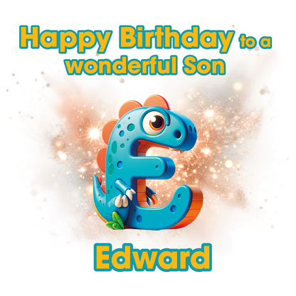 Birthday card with a dinosaur and letter 'E' for Edward on a light background. Can be personalised for name, age and relation