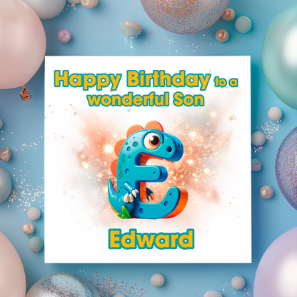 Birthday card with a dinosaur and letter E   on a  blue background with colorful balloons. Personalised with name, age and relation