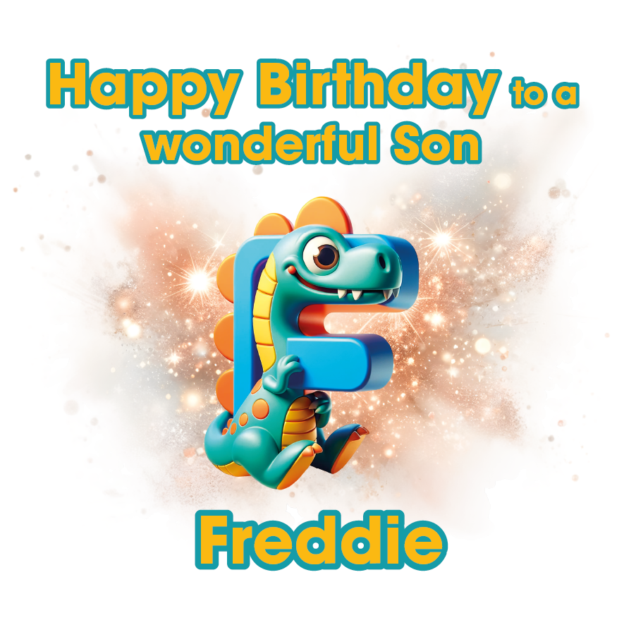 Birthday card with a dinosaur and letter 'F' for Freddie on a light background. Can be personalised for name, age and relation