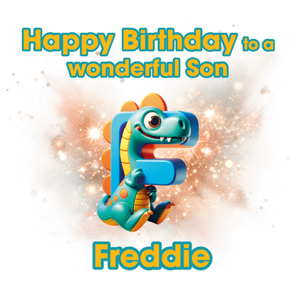 Birthday card with a dinosaur and letter 'F' for Freddie on a light background. Can be personalised for name, age and relation