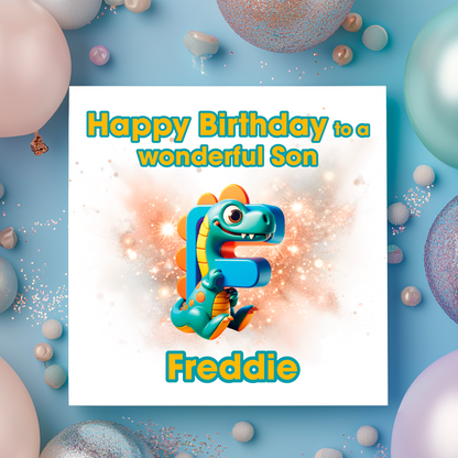 Birthday card with a dinosaur and letter F  on a  blue background with colorful balloons. Personalised with name, age and relation