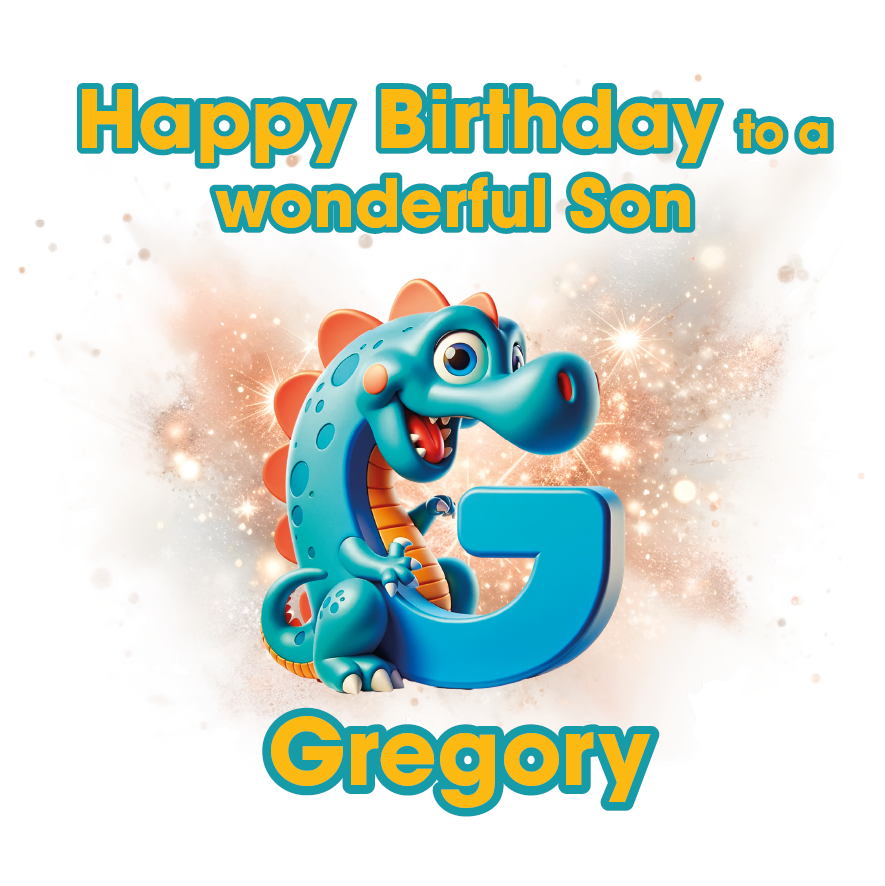 Birthday card with a dinosaur and letter 'G' for Gregory on a light background. Can be personalised for name, age and relation