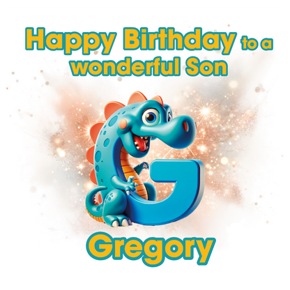 Birthday card with a dinosaur and letter 'G' for Gregory on a light background. Can be personalised for name, age and relation