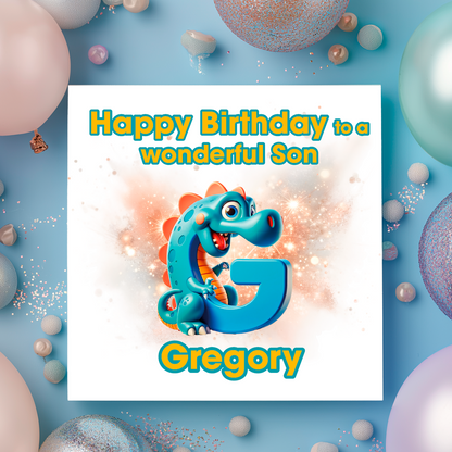 Birthday card with a dinosaur and letter G   on a  blue background with colorful balloons. Personalised with name, age and relation