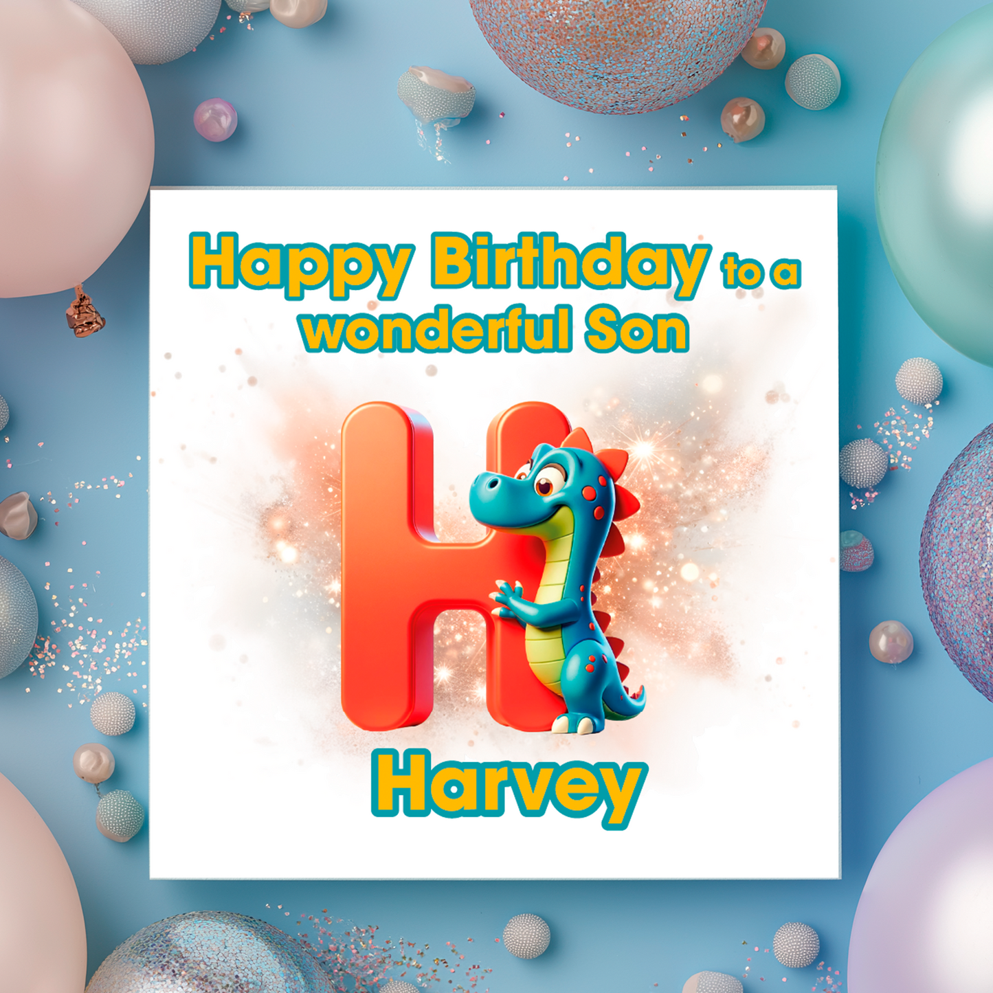 Birthday card with a dinosaur and letter H  on a  blue background with colorful balloons. Personalised with name, age and relation