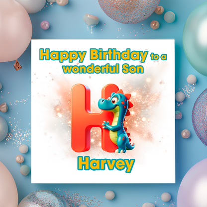Birthday card with a dinosaur and letter H  on a  blue background with colorful balloons. Personalised with name, age and relation