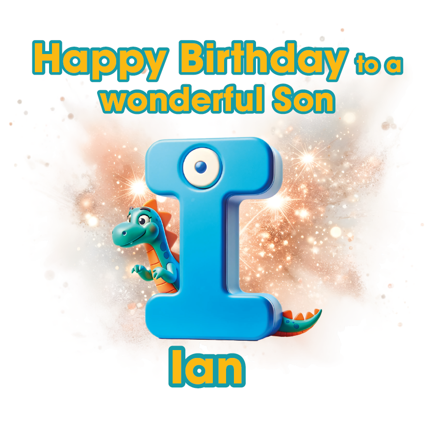Happy Birthday card with a blue letter 'I'  for Ian and cartoon dinosaur, Can be personalised for name, age and relation